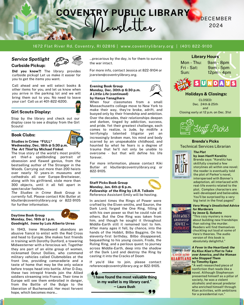 December 2024 Coventry Library Newsletter, page 1