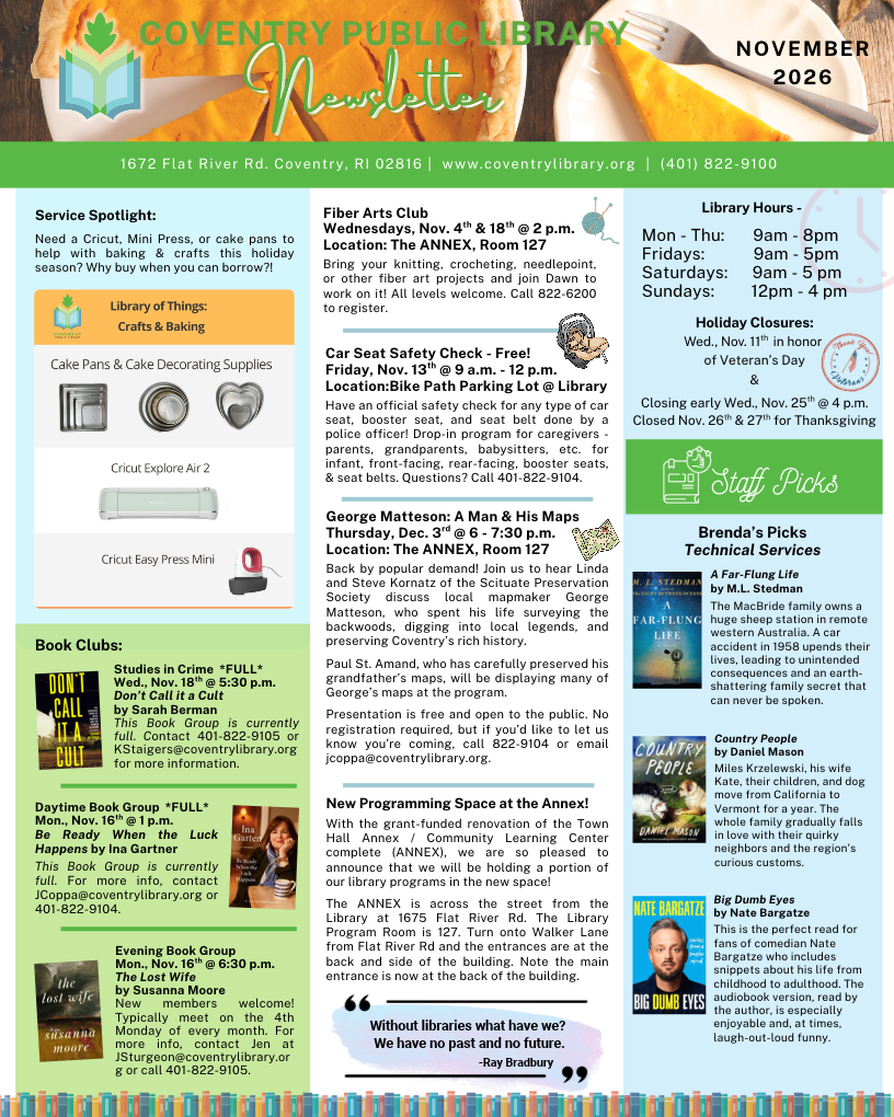 Coventry Public Library newsletter, page 1