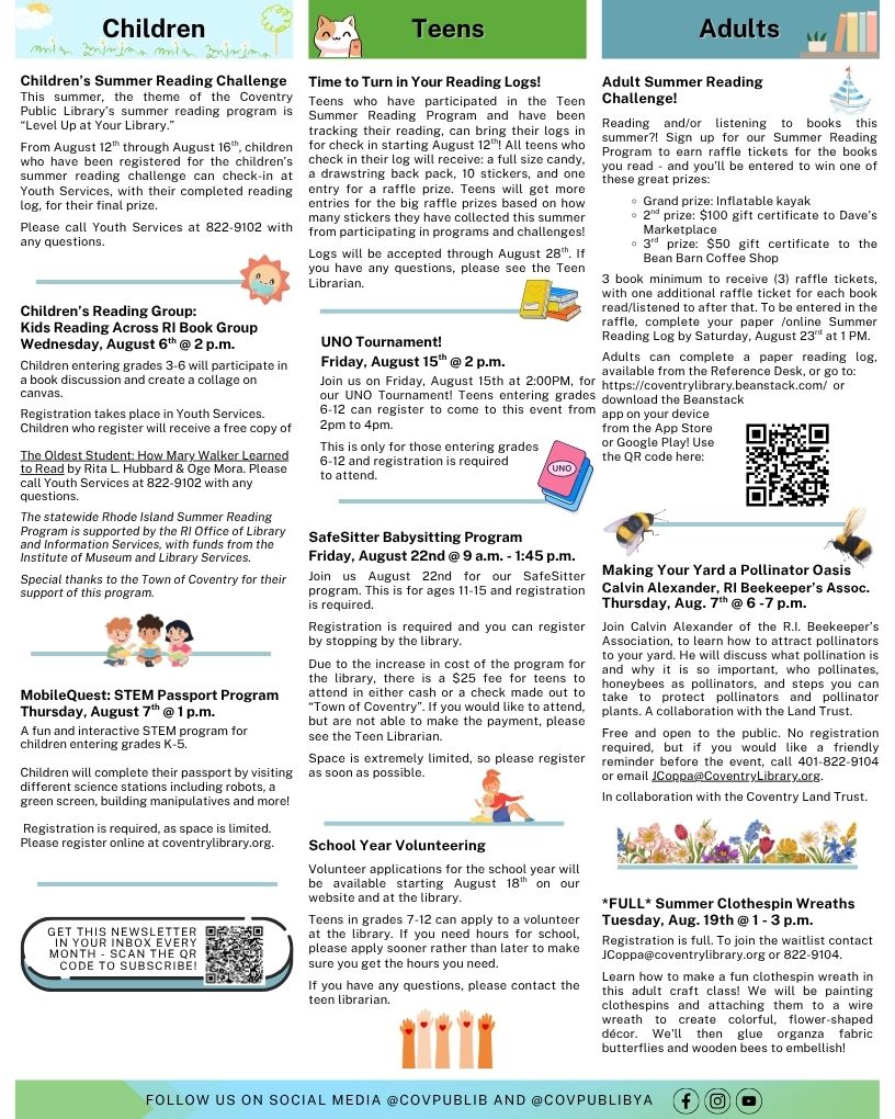 Coventry Public Library Newsletter, August 2025