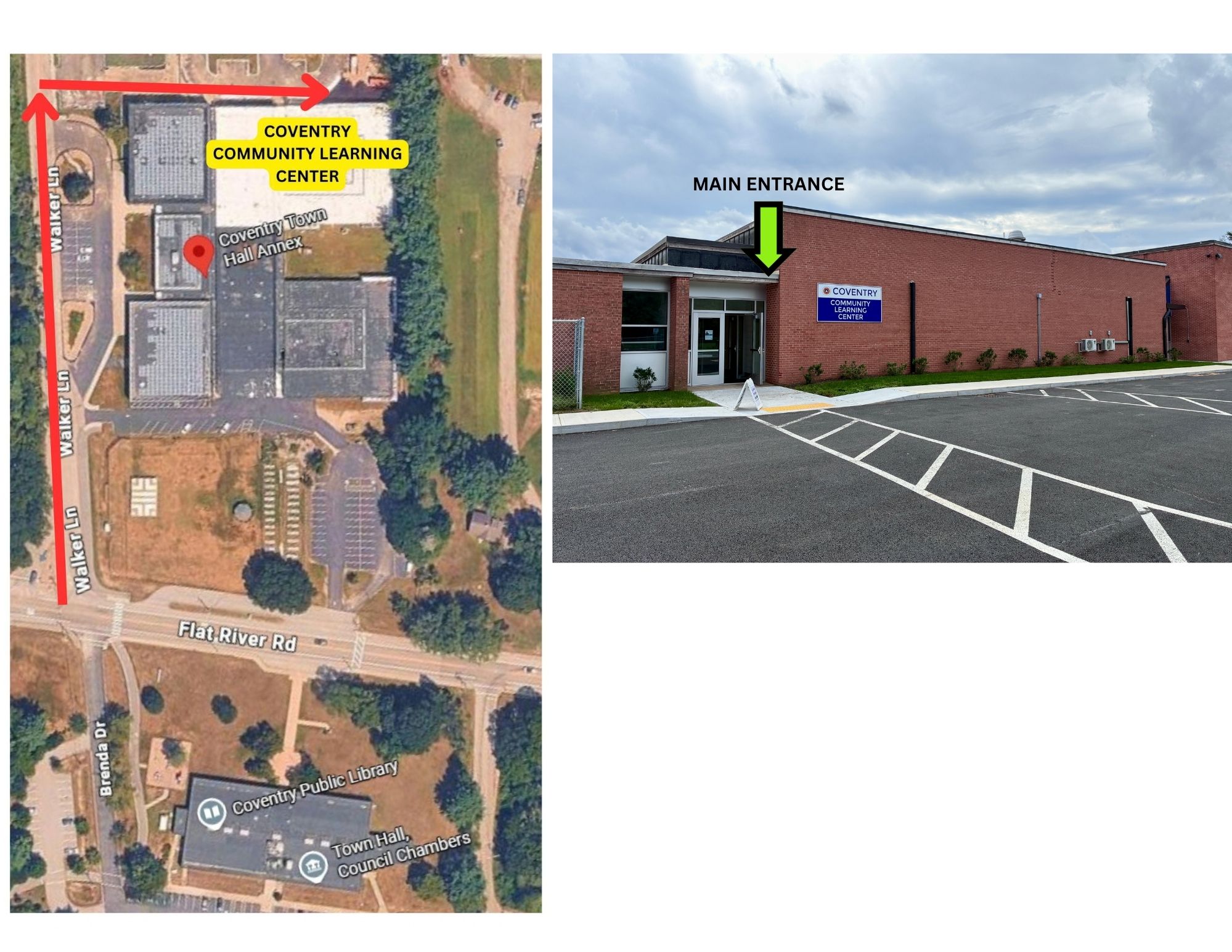 Image of map showing where to turn from Flat River Rd. onto Walker Ln and a photo of the CLC Main Entrance.