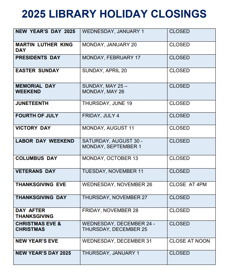 Holiday closures at the Coventry Public Library 2025