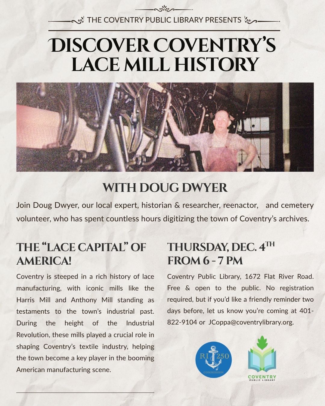 History of Lace Mills in Coventry RI at the Coventry Public Library