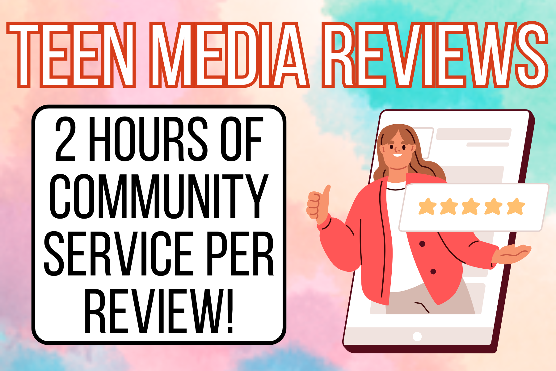 teen media reviews 2 hours per review person holding thumbs up with 5 stars