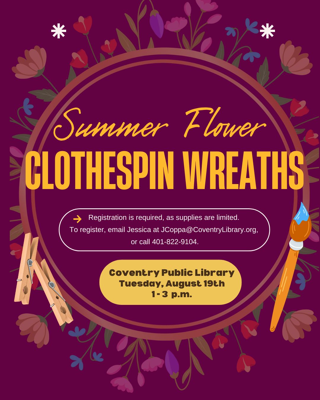 Join us for a fun, colorful clothespin wreath-making class on August 18th from 1 - 3 p.m.!