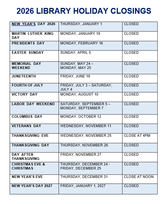 Coventry Public Library 2026 Holiday Closure Schedule