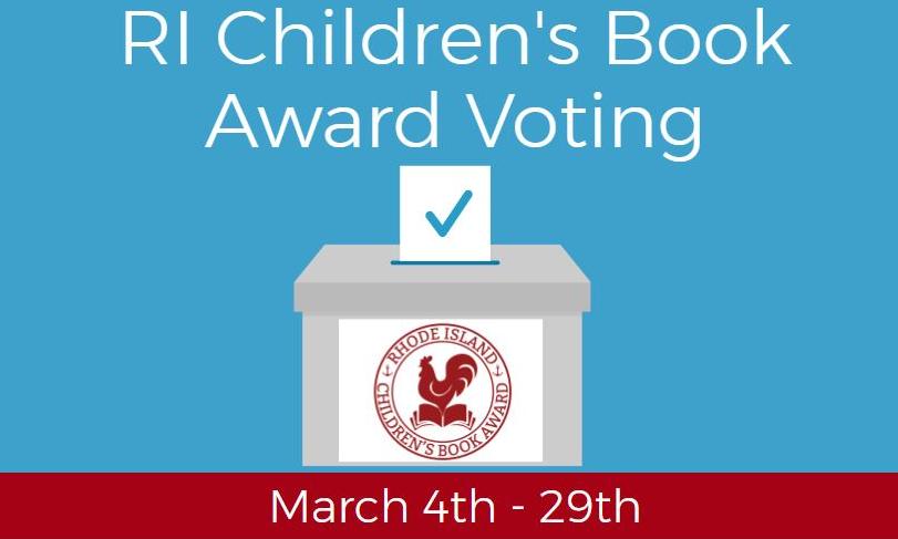 Ballot box with RICBA logo and text: RI Children's Book Award Voting March 4th - 29th