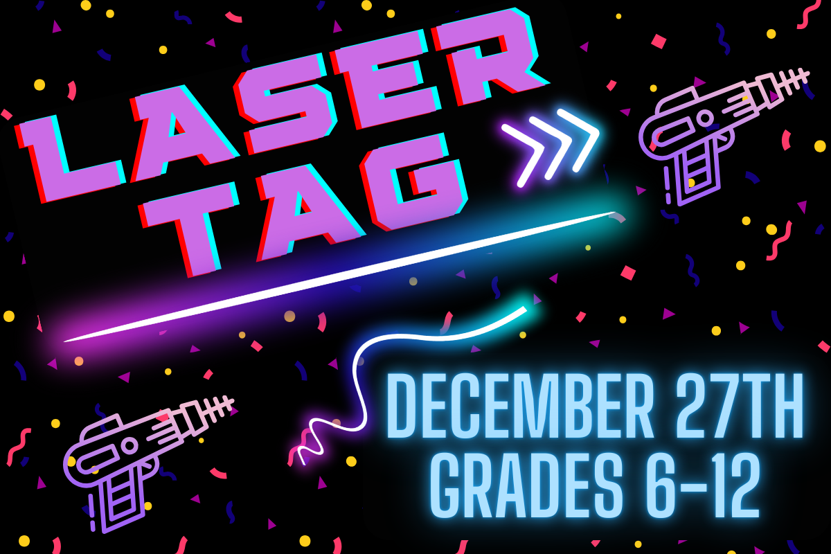 laser tag after hours event 5:30-8:30 black background glow light letters laser taggers