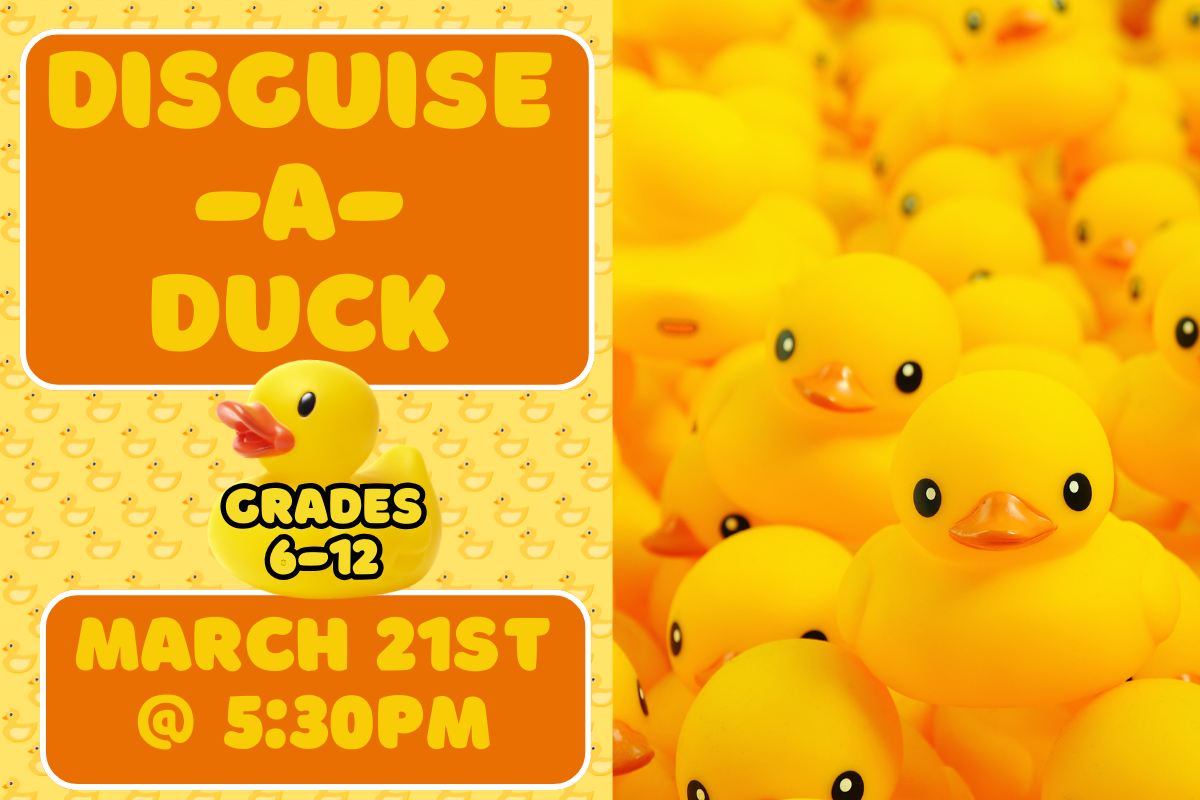 disguise a duck grades 6-12 march 21st @5:30pm. Rubber ducks all over image.