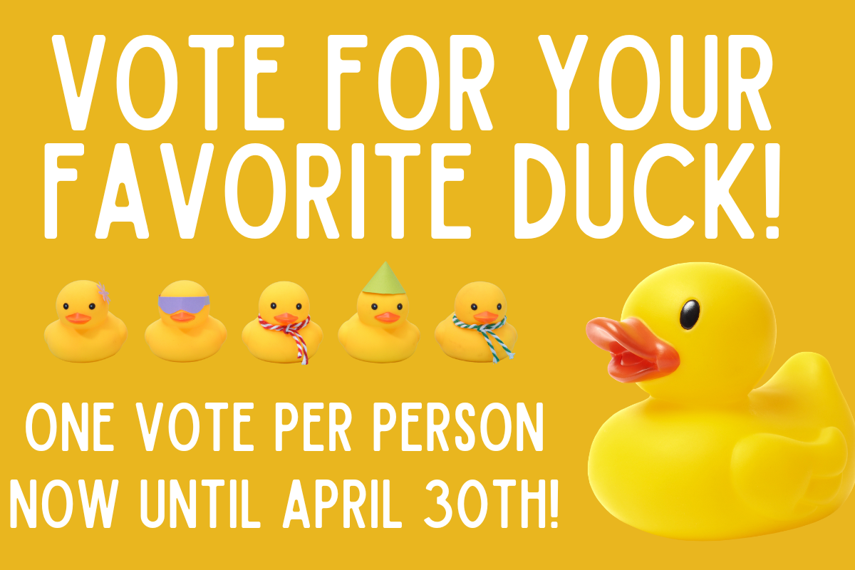 vote for your favorite duck one vote per person now through april 30th yellow background big rubber duck with 5 small dressed ducks as a border.