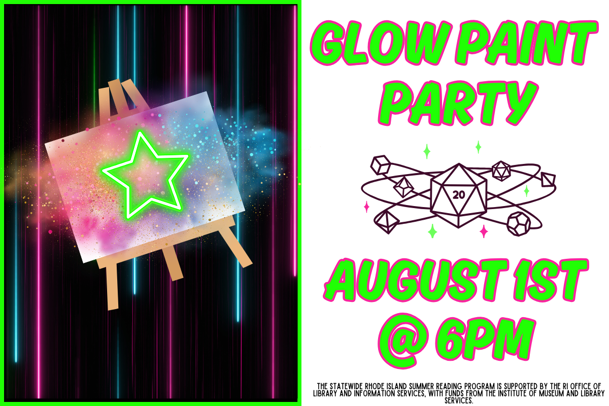 glow paint part august 1st at 6pm. bright colors on black background. easel with neon start on it. 