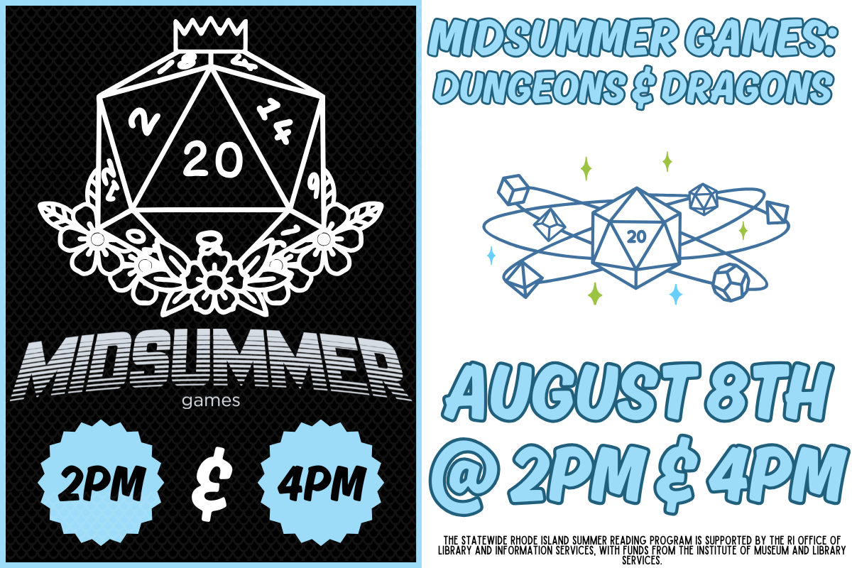 midsummer games d&d 2pm or 4pm sessions light blue text d20 with crown image