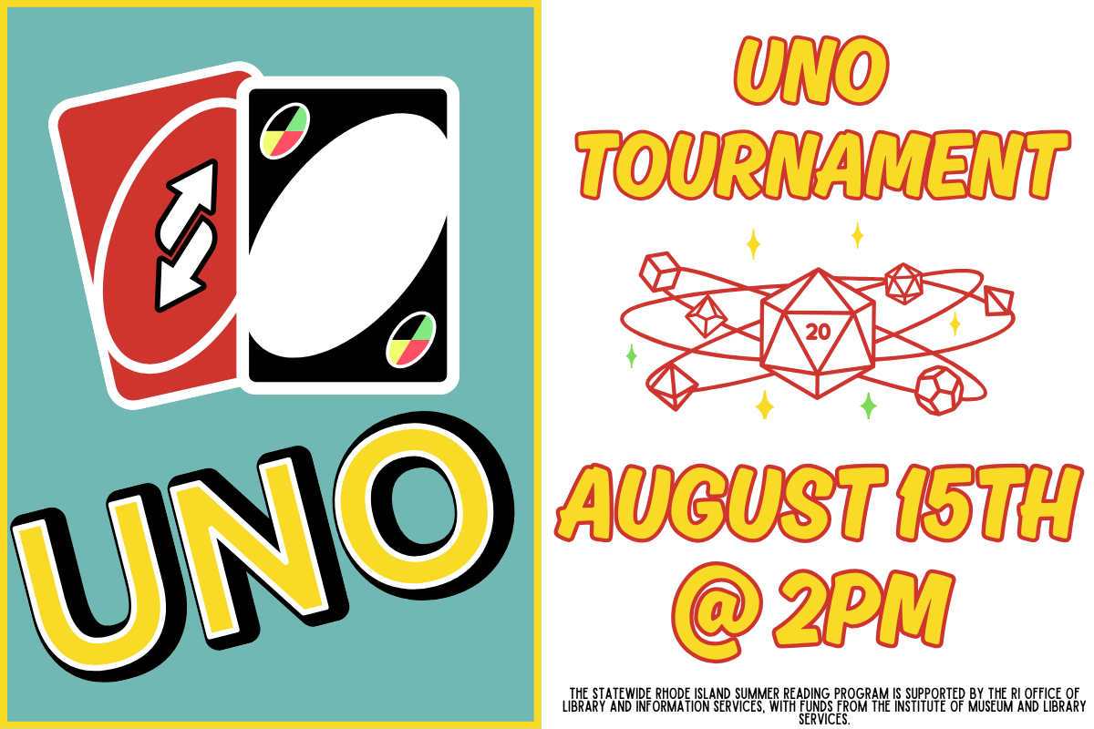 uno cards on teal background with UNO spelt. Uno tournament grades 6-12 August 15th 2-4pm