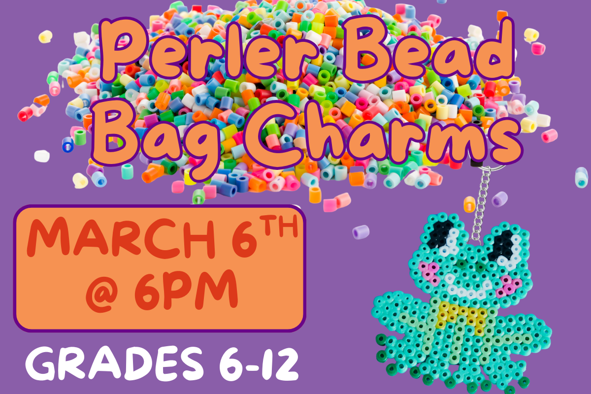 perler bead bag charms gradesa 6-12 arch 6th 6pm purple background with a pile of perler beads and bubble lettering with a perler bead keychain of a frog