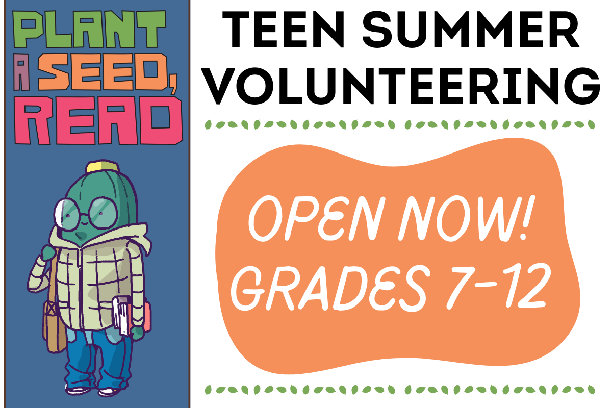 teen summer volunteers teens entering grades 7-12 applications due june 15th. purple background with d20 and a magician casting. 