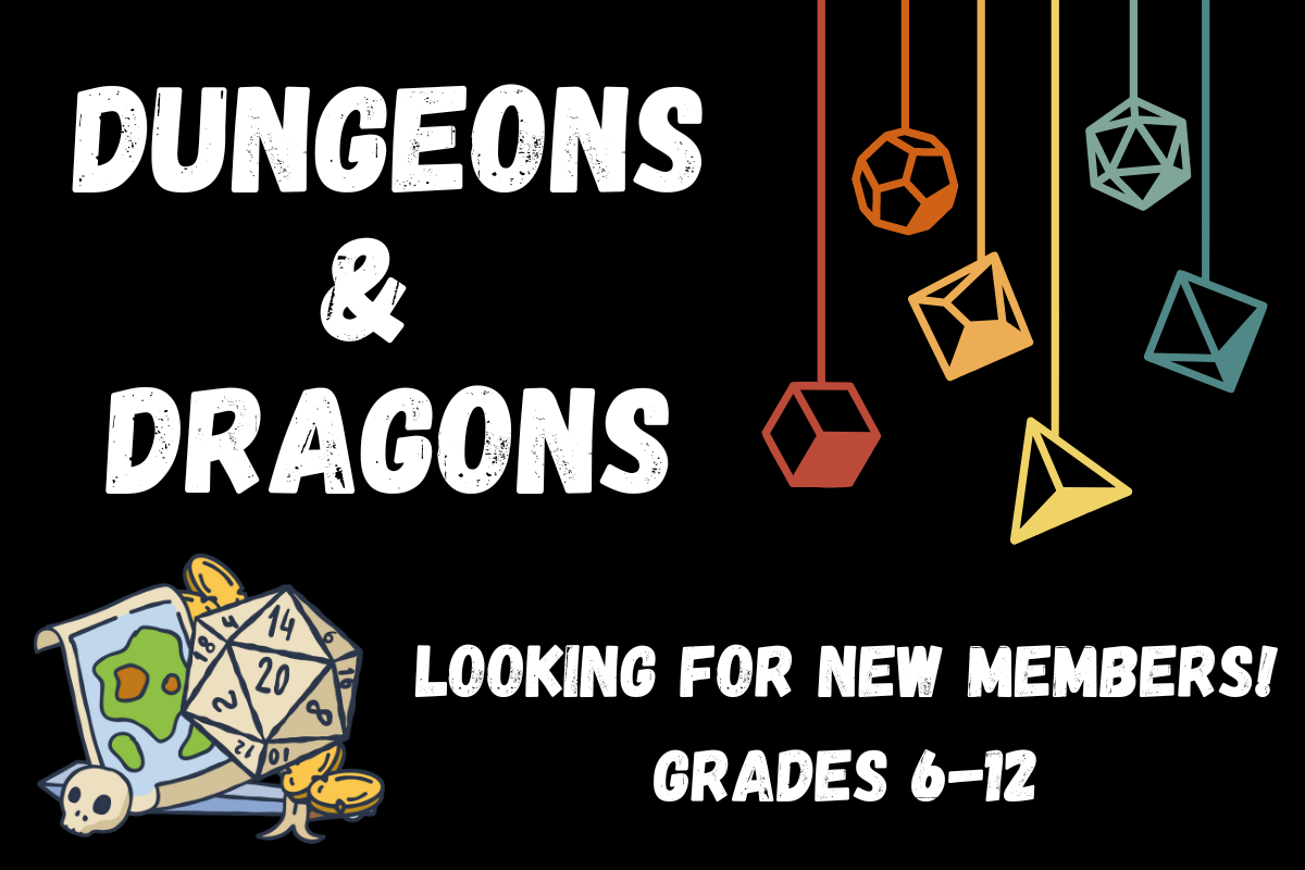 dungeons and dragons looking for new members grades 6-12 dice on picture