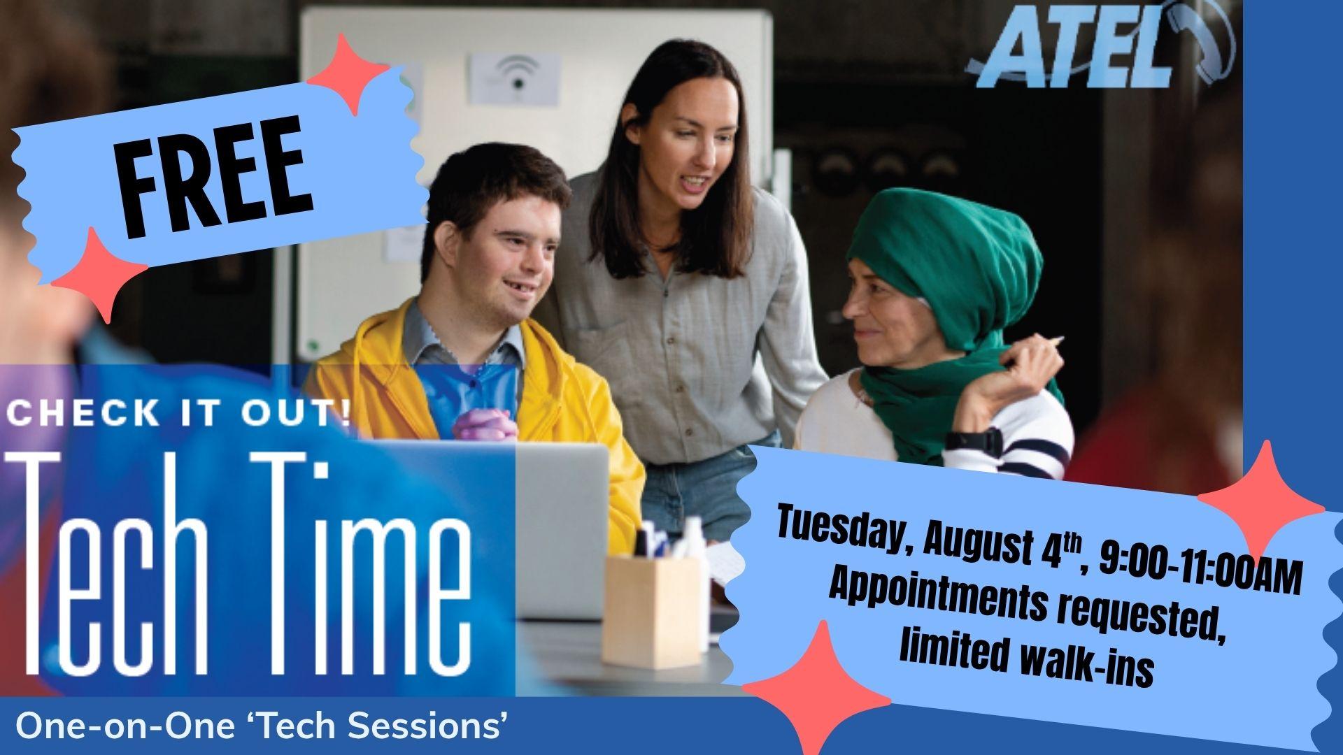 Image advertising the ATEL Tech Time program, noting time and date overlaid on a photo of two people being helped by a tech tutor